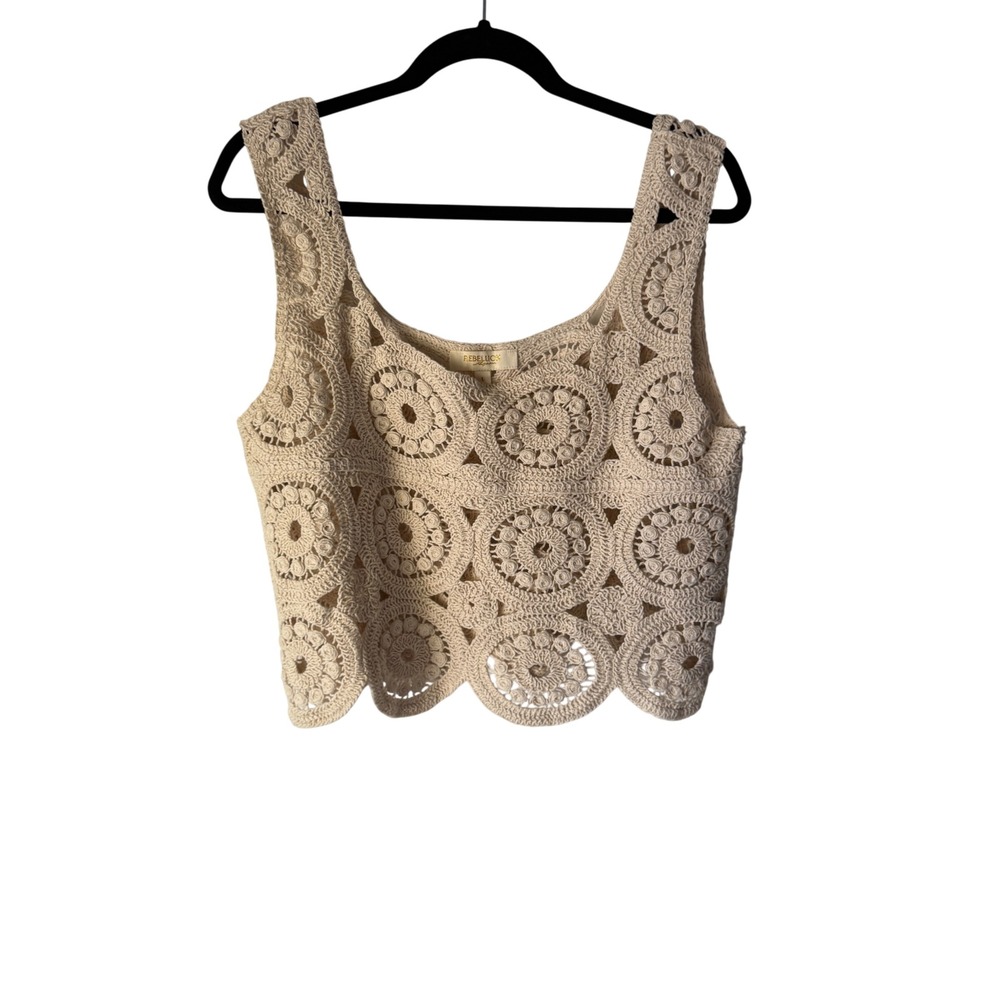 Rebellion Crochet Tank Top Cream Sleeveless Festival Boho Women's L - Picture 1 of 8